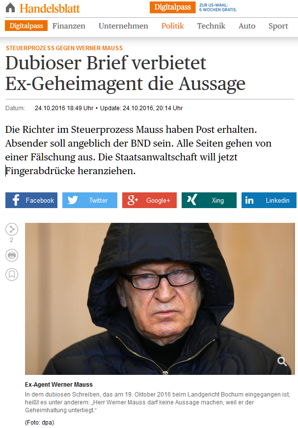 BochumWirbel im Steuerprozess gegen den Ex-Geheimagenten Werner Mauss: Die Richter haben ein dubioses Schreiben erhalten, in dem Mauss verboten wird, vor Gericht auszusagen. Absend