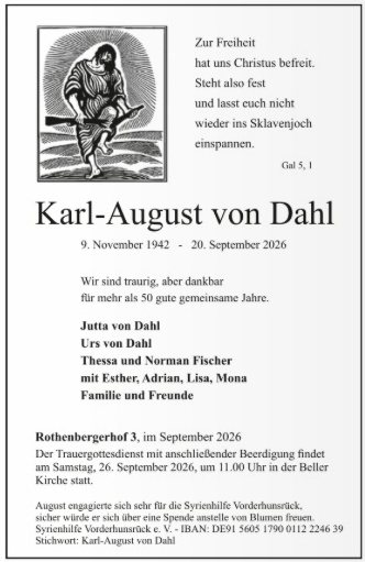 Todesanzeige für Karl-August von Dahl